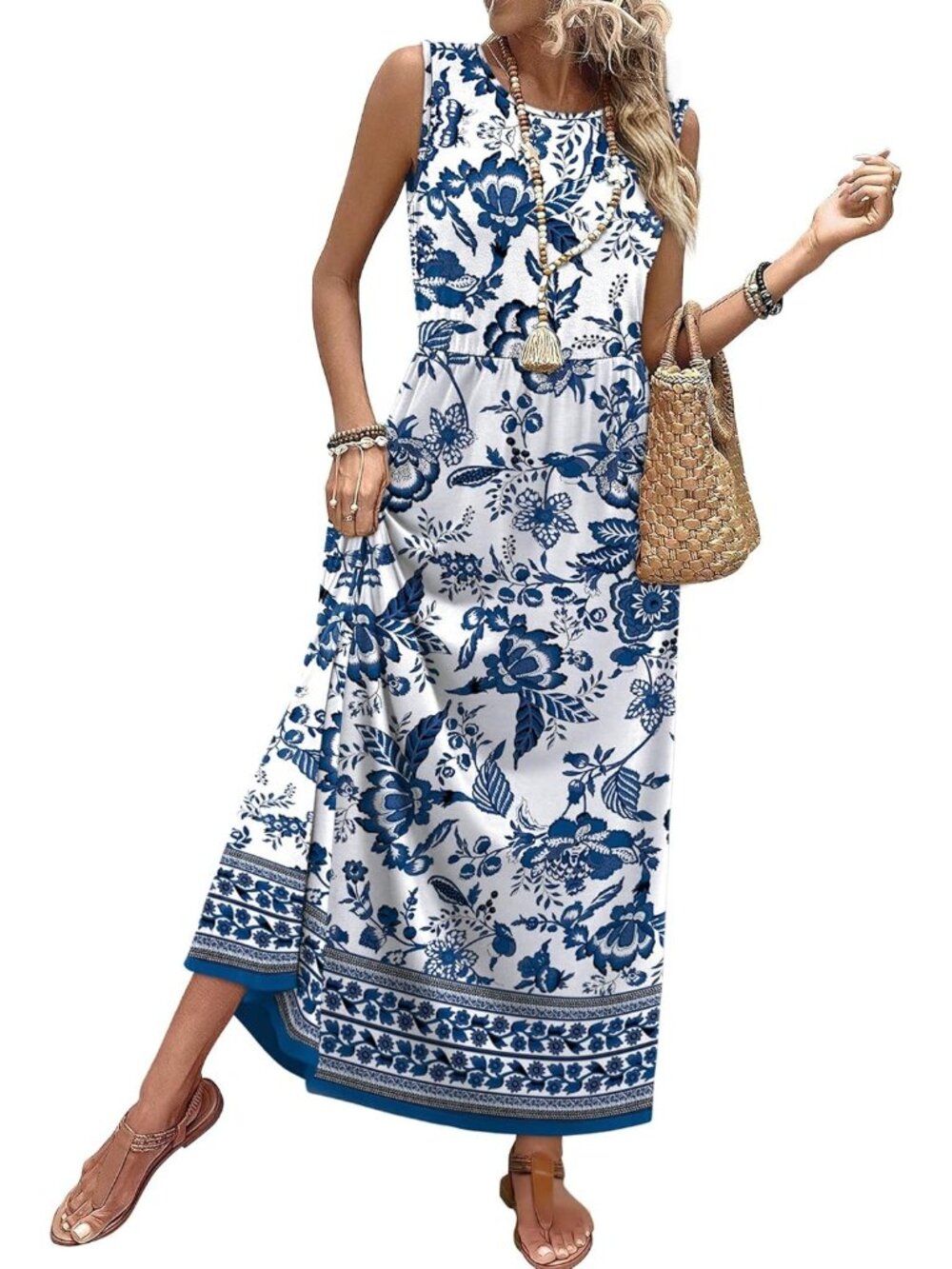 〽️Floral Blue Womens Flowy Maxi Sundress Sleeveless A Line Elastic Waist Pockets
